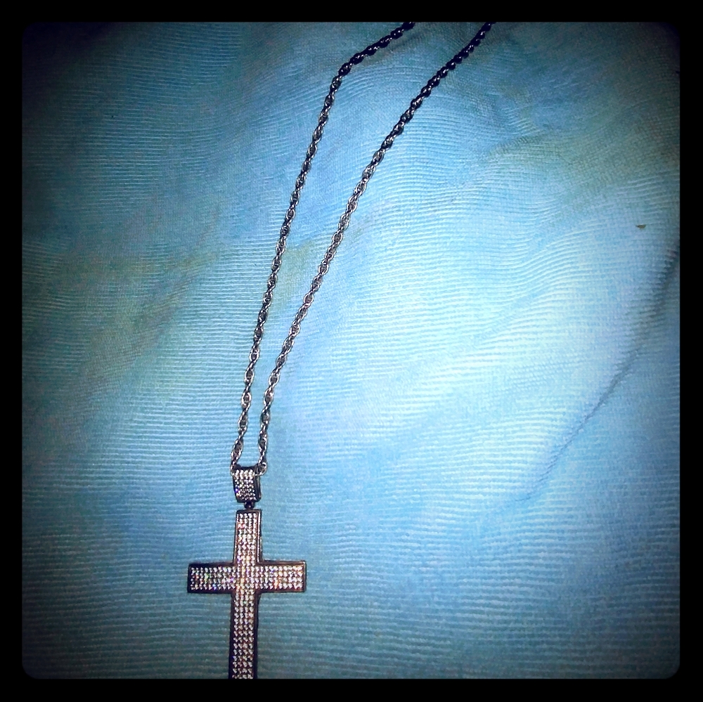 Sterling Silver/CZ Large Cross w/24" Sterling Rope